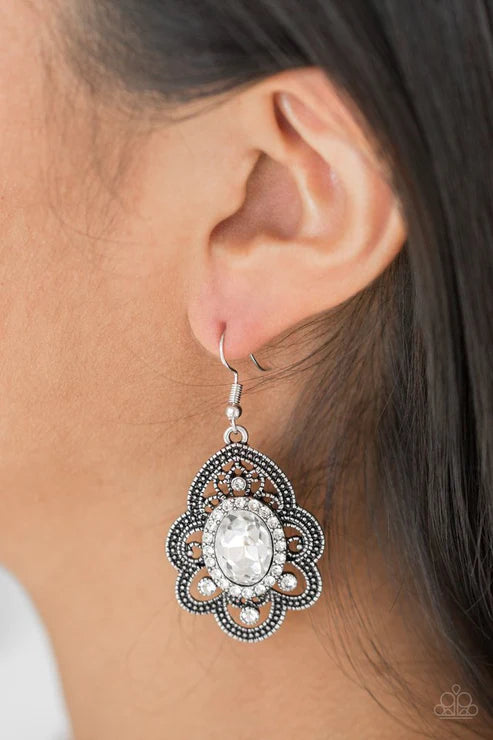 Reign Supreme - White/Silver Studded Encrusted Petal Flared Earrings E#3380