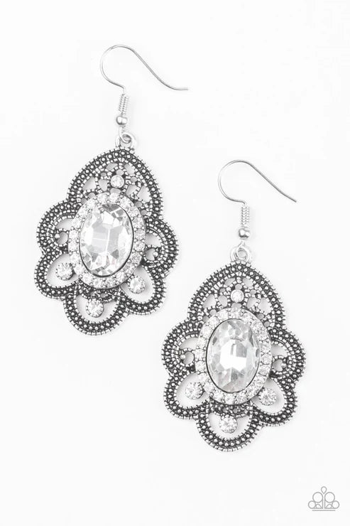 Reign Supreme - White/Silver Studded Encrusted Petal Flared Earrings E#3380