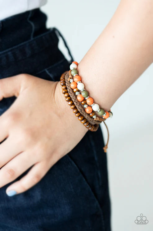 Renewable Energy - Multi (White/Green/Orange) Braided Suede Wood/Stone Accent Adjustable Sliding Knot Closure Bracelet Stack B#2797
