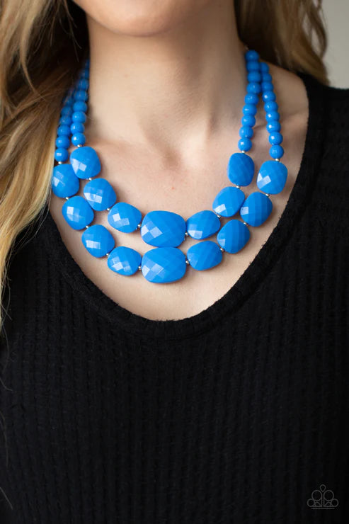 Resort Ready - Oversized French Blue Square Faceted Flattened Asymmetrical Necklace N#3208