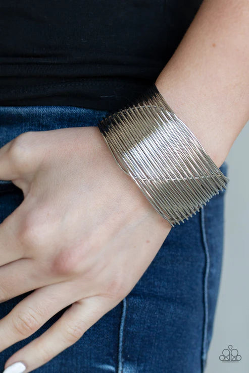 Retro Revamp - Oversized Silver Arc Wire Weaved Stacked Cuff Bracelet B#3980