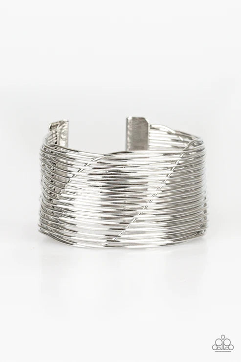 Retro Revamp - Oversized Silver Arc Wire Weaved Stacked Cuff Bracelet B#3980