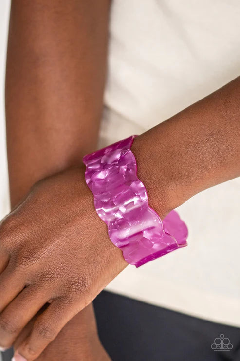 Retro Ruffle - Oversized Purple Shimmer Scalloped Ruffle Wave Cuff Bracelet B#3472