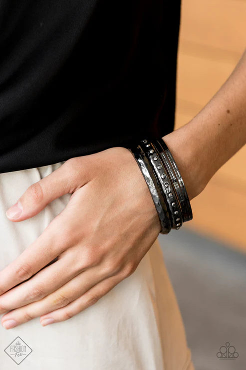 Revved Up Rhinestones - Black Hammered Textured Bangle Bracelet Stack B#6745