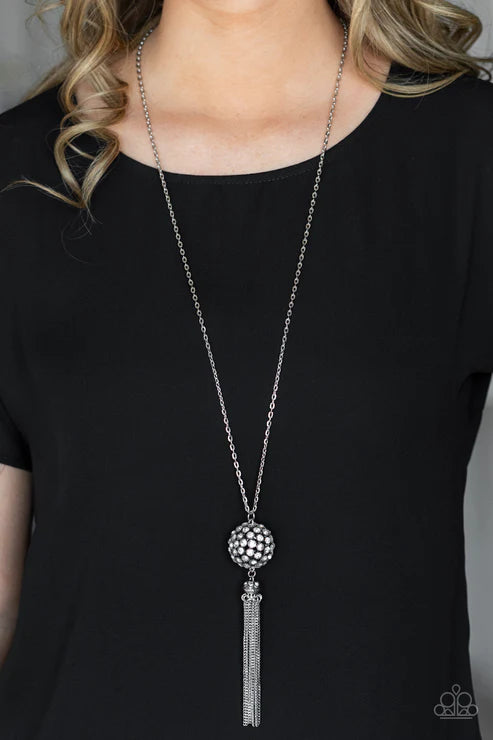 Rhinestone Revolution - Oversized White Dotted/Studded Capped Encrusted Ball Tassel Stream Necklace N#5967