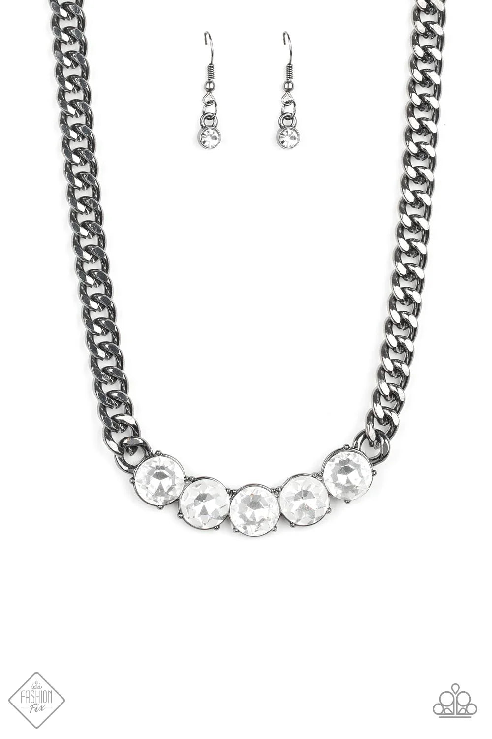 Rhinestone Renegade - Black Thick Gunmetal Chain Dramatic White Encrusted Bold/Blinding Necklace N#7172