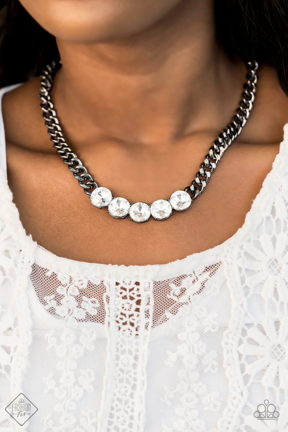 Rhinestone Renegade - Black Thick Gunmetal Chain Dramatic White Encrusted Bold/Blinding Necklace N#7172
