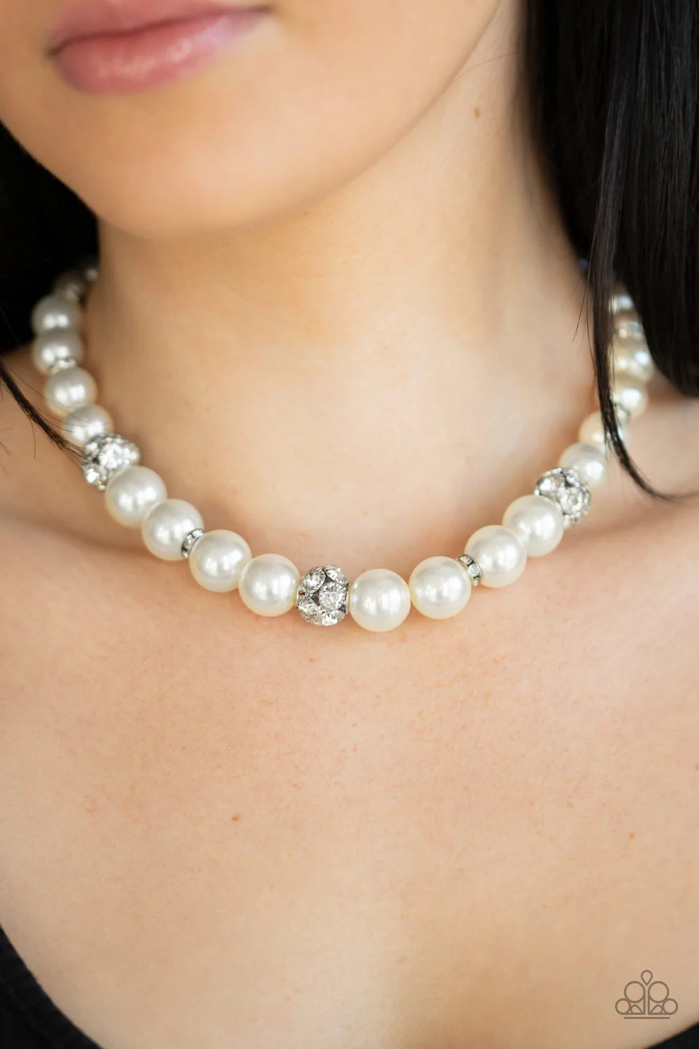Rich Girl Refinement - Oversized White Pearl Infused Encrusted Cluster Rings Accent Necklace N#7094
