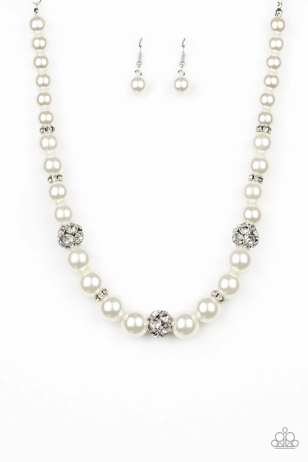 Rich Girl Refinement - Oversized White Pearl Infused Encrusted Cluster Rings Accent Necklace N#7094