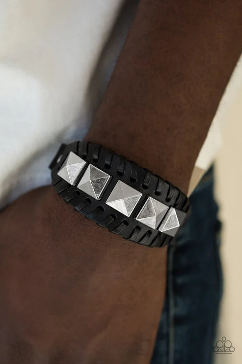 Riders Rally - Black Pyramidal Stud Leather Bracelet B#6272