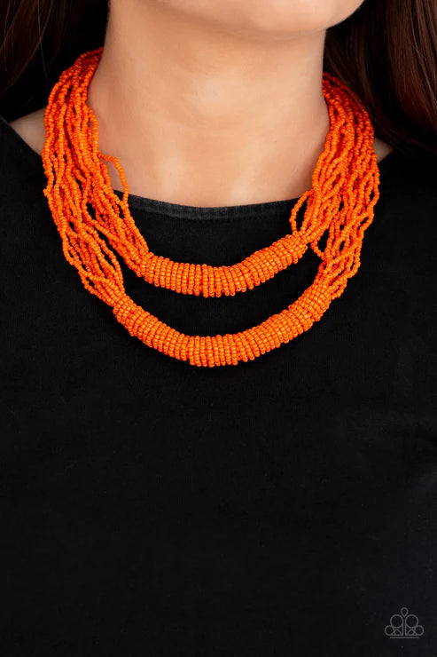 Right As RAINFOREST - Oversized Orange Seed Bead Draped Necklace N#464