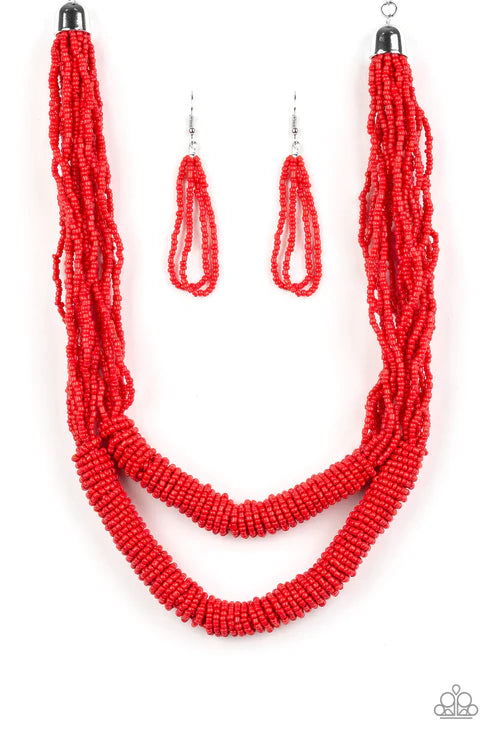 Right As RAINFOREST - Oversized Fiery Red Seed Bead Draped Necklace N#4606