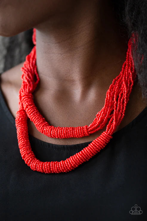 Right As RAINFOREST - Oversized Fiery Red Seed Bead Draped Necklace N#4606