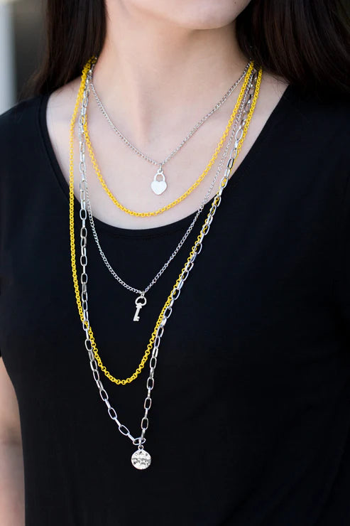 Right On Key - Oversized Yellow/Silver Heart/Key Charm Necklace N#6255