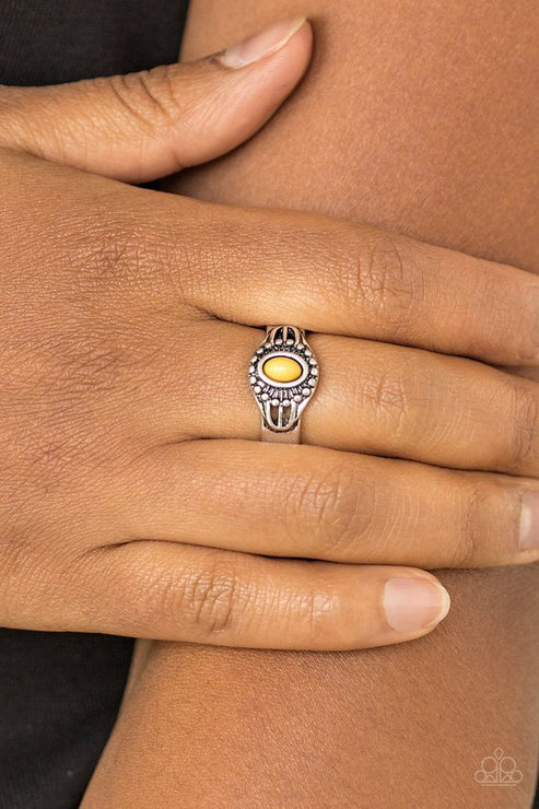 Right On TREK - Yellow Studded Tribal Textured Ring R#6373