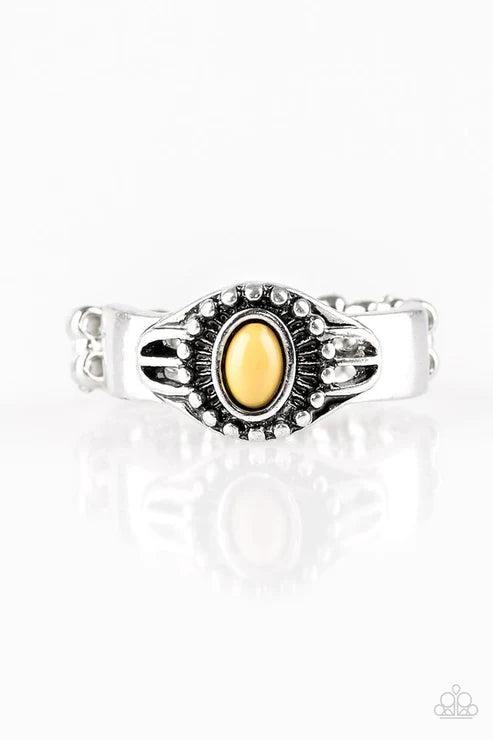 Right On TREK - Yellow Studded Tribal Textured Ring R#6373