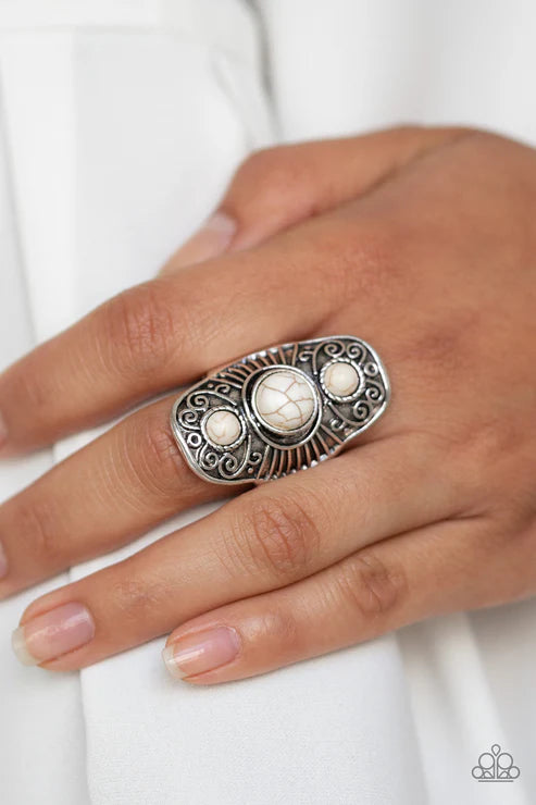 Stone Oracle - Oversized White Round Trio Stacked Antiqued Embossed Linear Tribal Ring R#6672