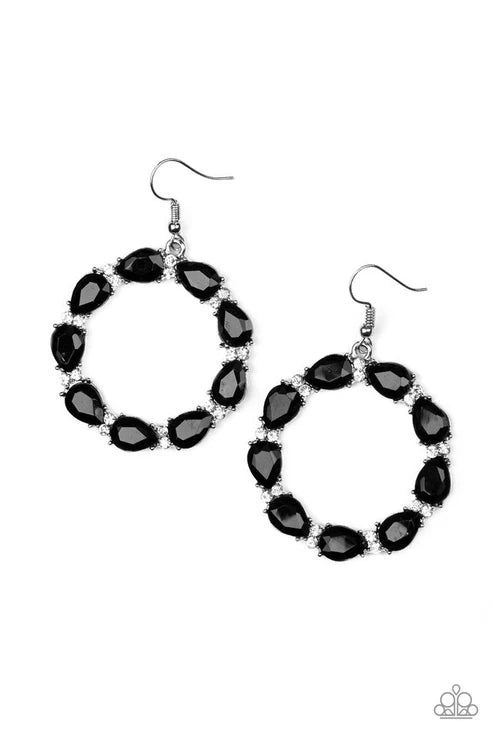 Ring Around The Rhinestones - Oversized Black Encrusted Circle Teardrop Hoop Earrings E#948