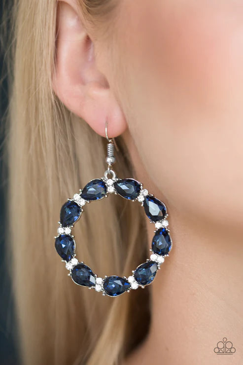 Ring Around The Rhinestones - Oversized Blue Encrusted Circle Teardrop Hoop Earrings E#1435