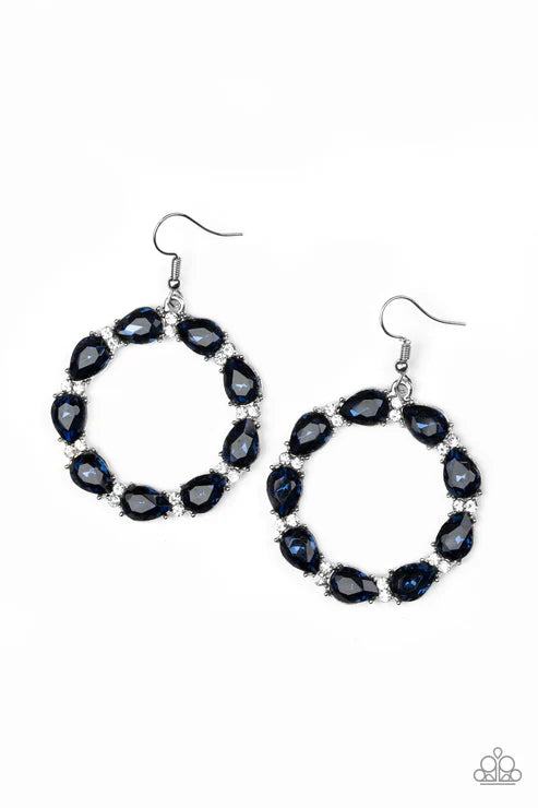 Ring Around The Rhinestones - Oversized Blue Encrusted Circle Teardrop Hoop Earrings E#1435