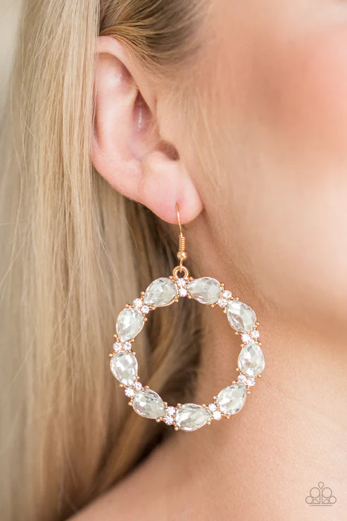 Ring Around The Rhinestones - Oversized Gold/White Encrusted Circle Teardrop Hoop Earrings E#5826