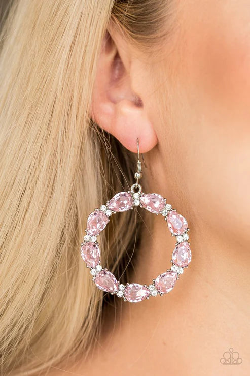 Ring Around The Rhinestones - Oversized Pink Encrusted Circle Teardrop Hoop Earrings E#6061