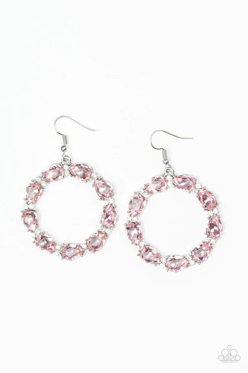 Ring Around The Rhinestones - Oversized Pink Encrusted Circle Teardrop Hoop Earrings E#6061