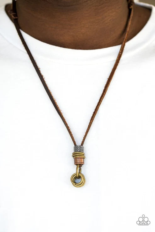 Ringmaster - Oversized Brown/Brass Antiqued Rugged Metallic Accent Leather Sliding Knot Closure Urban Necklace N#6337