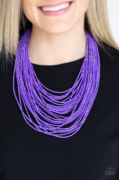 Rio Rainforest - Oversized Purple/Gunmetal Layered Suspended Seed Bead Necklace N#3906