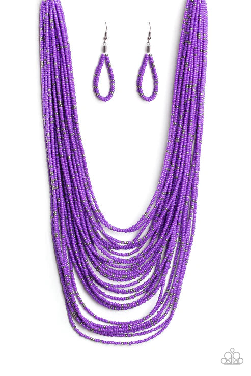 Rio Rainforest - Oversized Purple/Gunmetal Layered Suspended Seed Bead Necklace N#3906