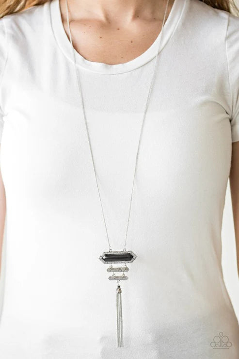 Rio Rendezvous - Black Stamped Geometric Stacked Shimmer Plate Tassel Necklace N#6281