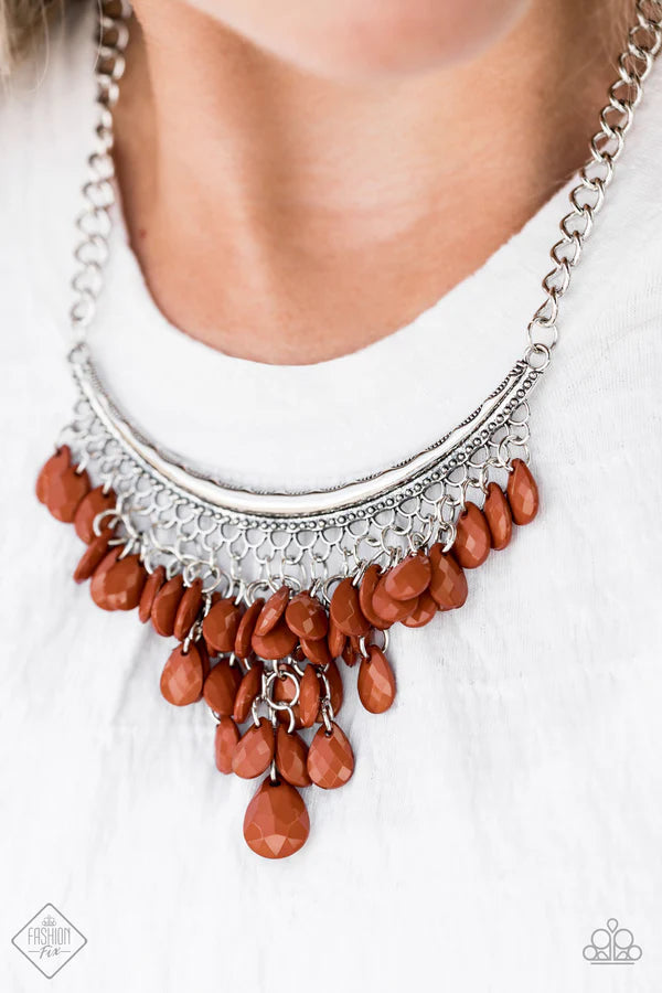 Rio Rainfall - Cinnamon Stick Brown Bowing Teardrop Fringe Necklace N#6933