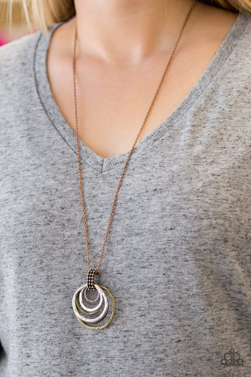 Rippling Relic - Multi (Brass/Copper/Silver) Etched Serrated Textures Rings Swing Studded Rippling Pendant Necklace N#3901
