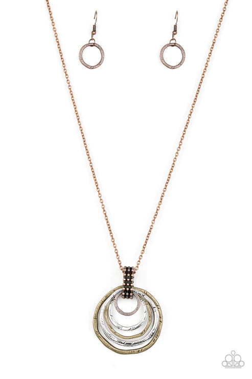 Rippling Relic - Multi (Brass/Copper/Silver) Etched Serrated Textures Rings Swing Studded Rippling Pendant Necklace N#3901