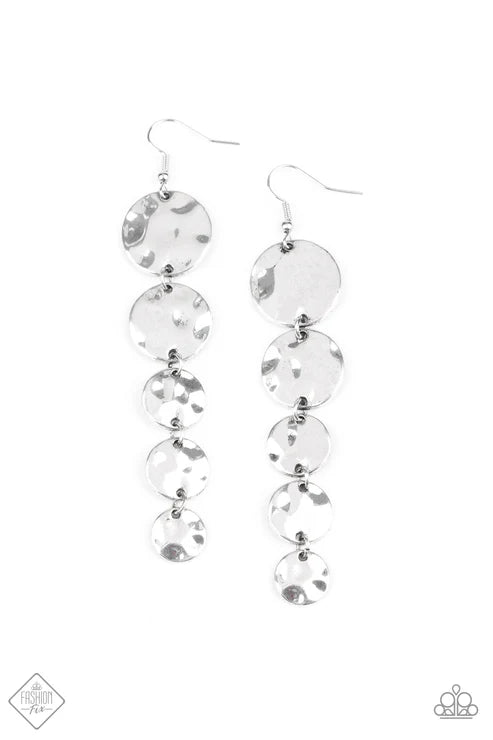 Rippling Resplendence - Oversized Dramatic Silver Hammered Antiqued Discs Trickle Lure Earrings E#7289