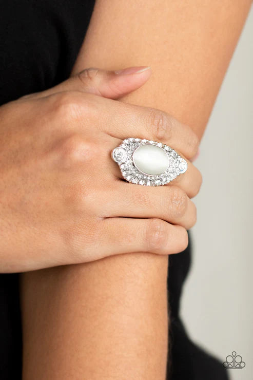Riviera Royalty - Oversized White Cat's Eye Moonstone Encrusted Teardrop Ring R#5672