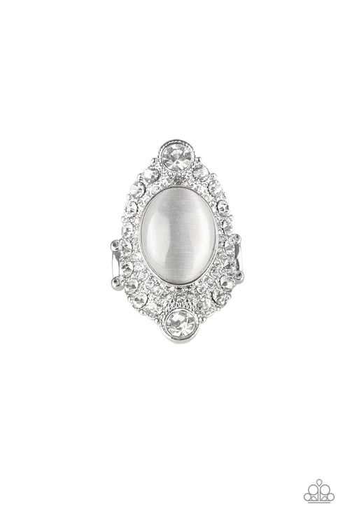 Riviera Royalty - Oversized White Cat's Eye Moonstone Encrusted Teardrop Ring R#5672