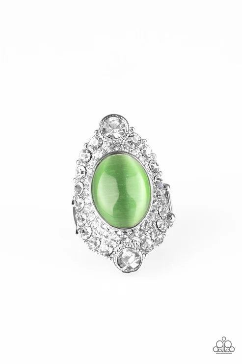 Riviera Royalty - Oversized Green Cat's Eye Moonstone Encrusted Teardrop Ring R#955