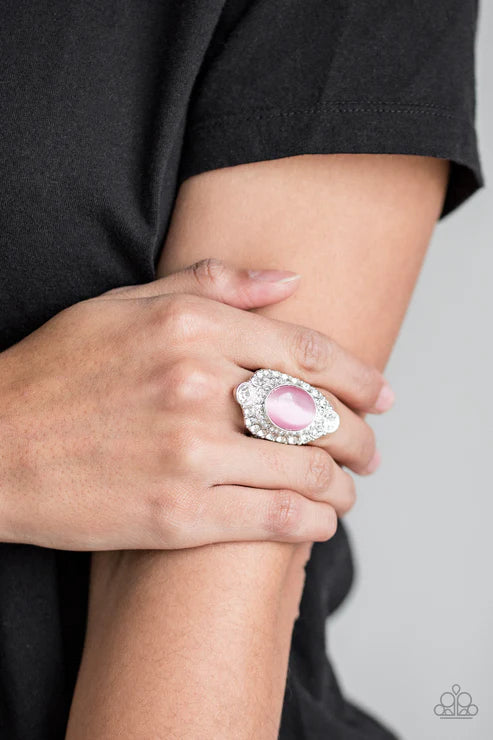 Riviera Royalty - Oversized Pink Cat's Eye Moonstone Encrusted Teardrop Ring R#6854