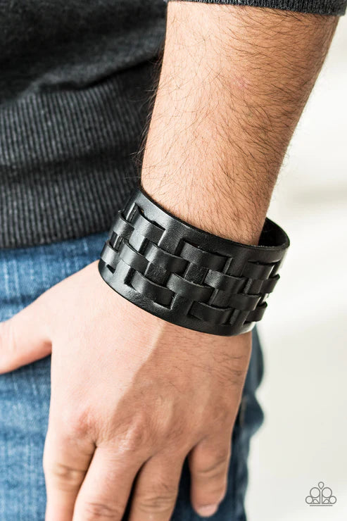 Road Hog - Oversized Black Weaved Leather Urban Bracelet B#4117
