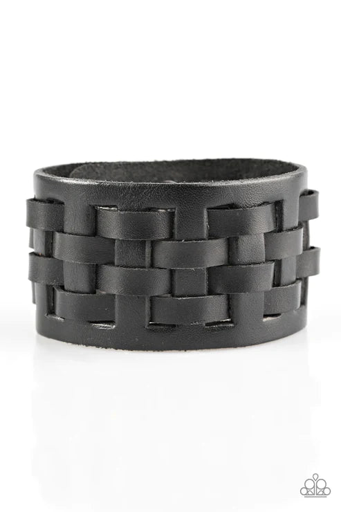 Road Hog - Oversized Black Weaved Leather Urban Bracelet B#4117