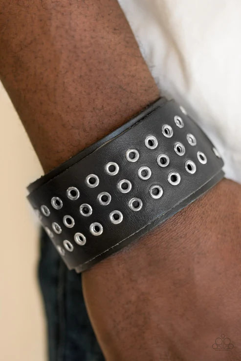 Road Rage - Oversized Black Rugged Studded Leather Urban Bracelet B#5736