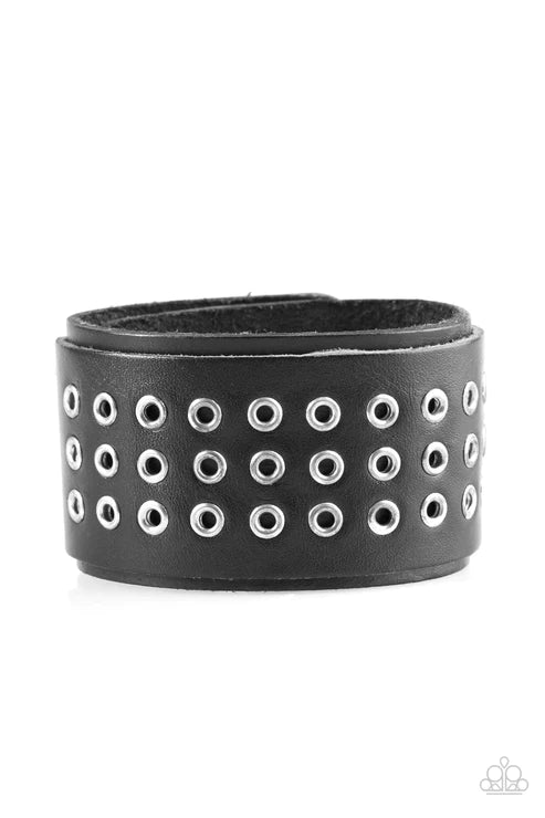 Road Rage - Oversized Black Rugged Studded Leather Urban Bracelet B#5736