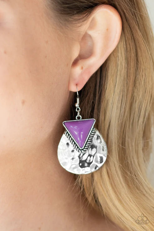 Road Trip Treasure - Rustic Purple Hammered Triangular Earrings E#2977