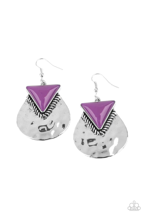 Road Trip Treasure - Rustic Purple Hammered Triangular Earrings E#2977