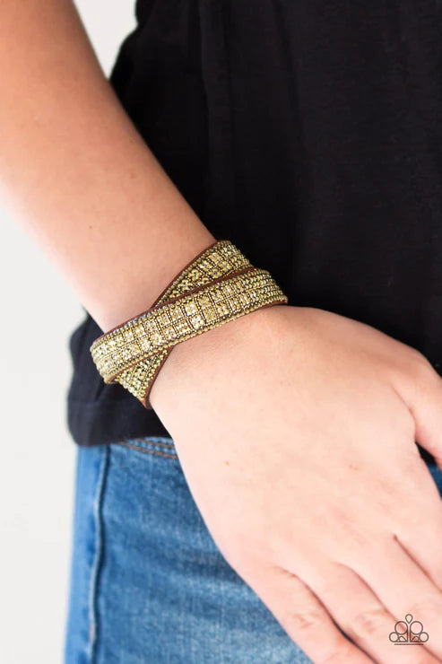 Rock Band Refinement - Brass Infused Ball Chain Aurum Encrusted Brown Suede Cube Pattern Edgy Elongated Double Wrap Adjustable Snap Closure Bracelet B#6173