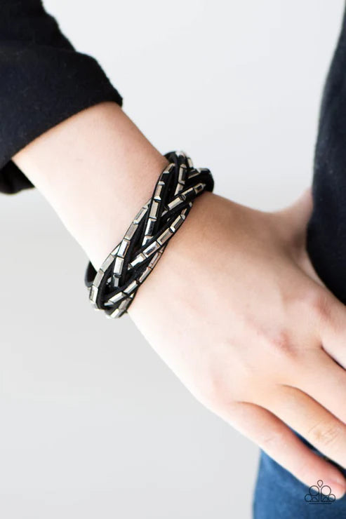 Rock Legend - Black 2 Emerald Cut Hematite Encrusted Crisscross Suede Wrap Adjustable Snap Closure Bracelet B#6237