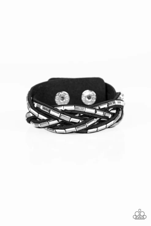 Rock Legend - Black 2 Emerald Cut Hematite Encrusted Crisscross Suede Wrap Adjustable Snap Closure Bracelet B#6237