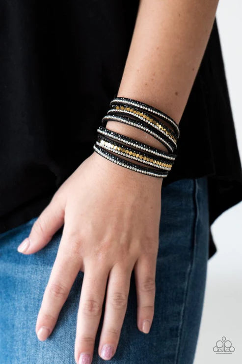 Rock Star Attitude - Black/Silver/Gold Elongated Trio Flat Studded Encrusted Suede Double Wrap Adjustable Snap Closure Bracelet B#4083