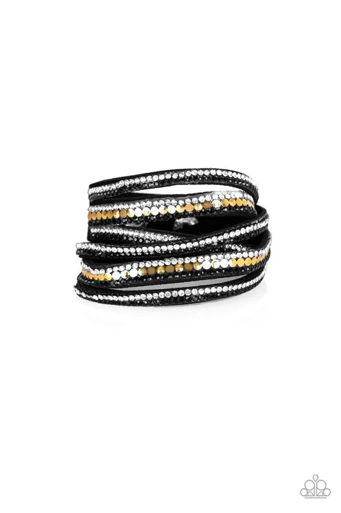 Rock Star Attitude - Black/Silver/Gold Elongated Trio Flat Studded Encrusted Suede Double Wrap Adjustable Snap Closure Bracelet B#4083